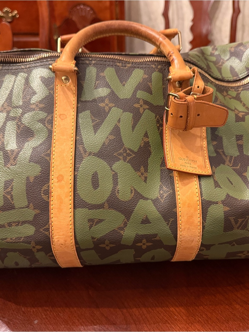 RARE 🔥🔥🔥Louis Vuitton Brown Monogram with Green Graffiti Keepall Travel Bag